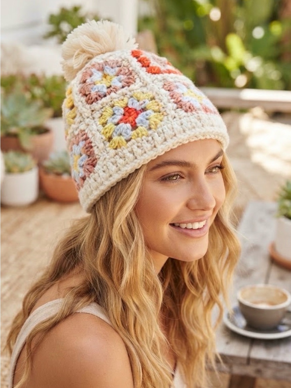 Crocheted granny square knit beanie